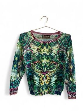 Custo Barcelona Psychedelic Print Wool Top – Y2K Abstract Graphic Knit (S)  Bold
